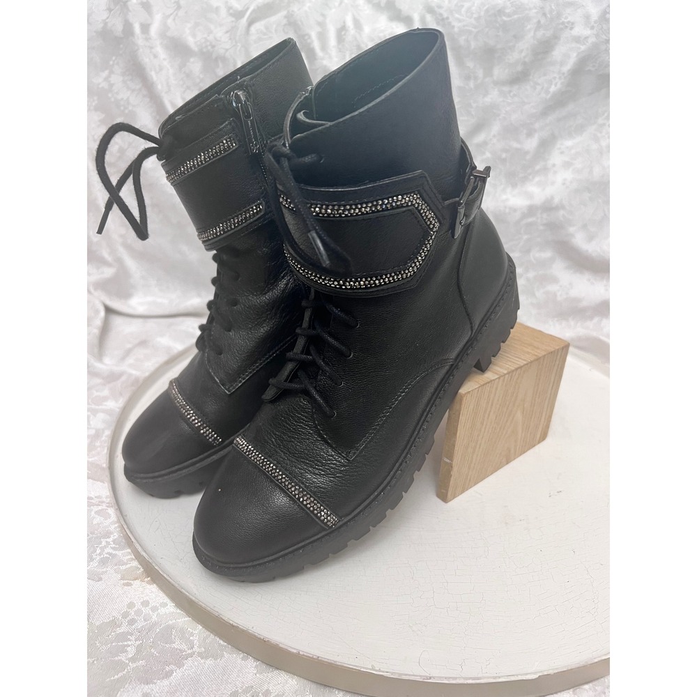 Jessica Simpson Karia Black Leather Rhinestone Combat Boots JS-KARIA Size 7.5M